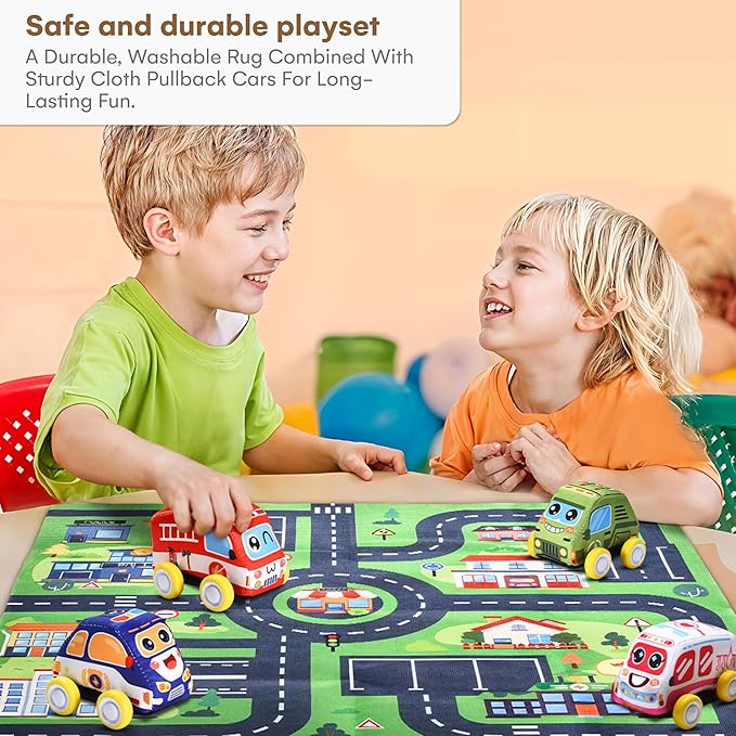 Childlike Behavior Cloth Pullback Cars for Toddlers - 4-Piece Soft Cloth Cars with 1 Street Rug Set (27.5'' x 27.5'')