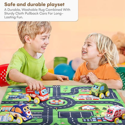 Childlike Behavior Cloth Pullback Cars for Toddlers - 4-Piece Soft Cloth Cars with 1 Street Rug Set (27.5'' x 27.5'')
