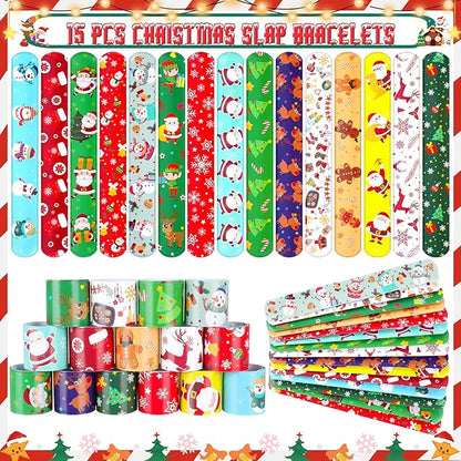 Christmas Party Favors 87 PCS Christmas Squishy Toys Slap Bracelets LED Rings Plastic Stamps Silicone Bracelets DIY Stickers Gift Bags for Kids Christmas Party Gift Exchange Goodie Bags Fillers