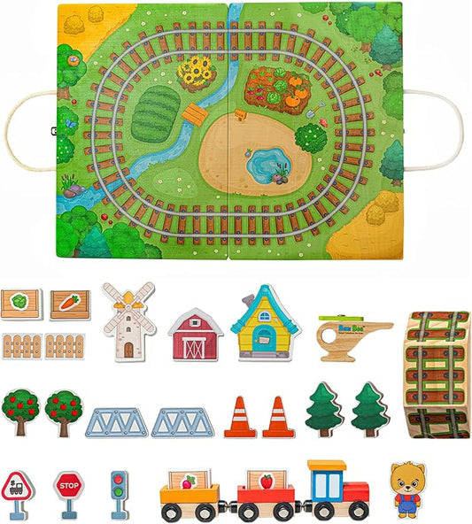 Bimi Boo 26-Piece Wooden Take-Along Tabletop Railroad Play Set for Toddlers - Premium Wood Railway Set for Kids 3+ Year Old - Magnetic Train Kit for Pretend Play - Includes Carry Case with Handle
