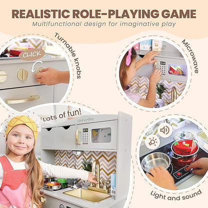 Wooden Play Kitchen for Toddlers - Kids Kitchen Playset with Accessories - Toy Kitchen Set for Kids, Kitchen Set for Toddlers 3-5 with Real Lights & Sounds, Toddler Kitchen Playset, GS0059-1