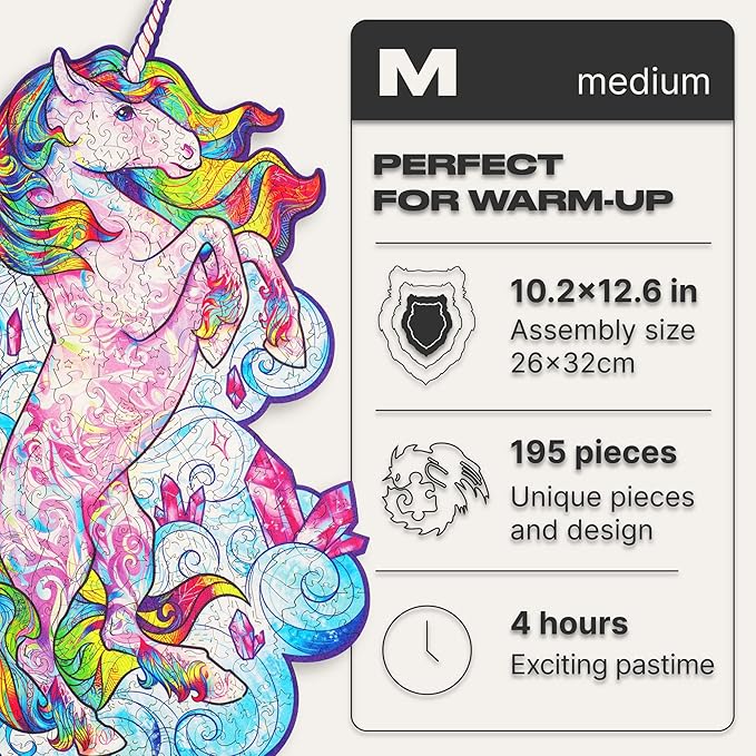 UNIDRAGON Wooden Jigsaw Puzzles - Inspiring Unicorn, 195 pcs, Medium 10.2"x12.6", Beautiful Gift Package, Unique Shape Best Gift for Adults and Kids