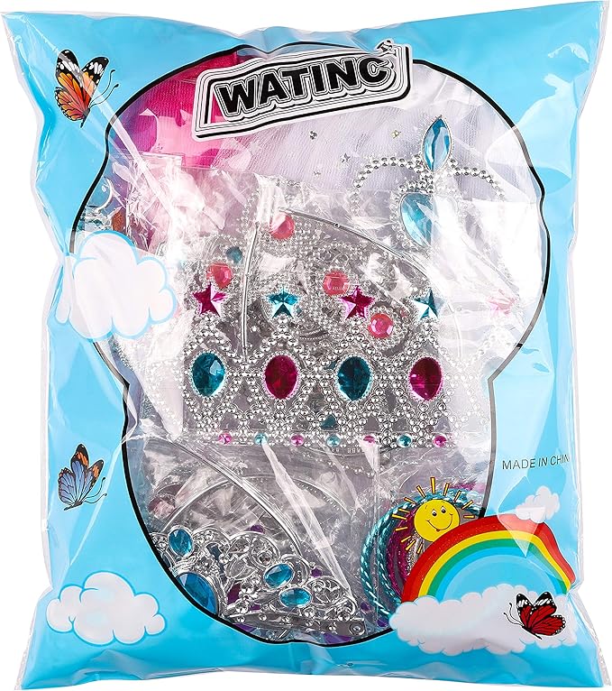 WATINC 51Pcs Princess Jewelry Toy Pretend Play Set Ballet Tutu Skirts of Stars Snowflake for Little Girls Crowns Necklaces Adjustable Jewel Rings Earrings Bracelets Wands Dress Up Accessories for Kids