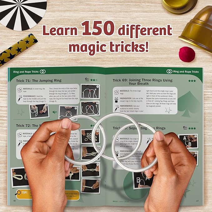 Thames & Kosmos Magic: Gold Edition | Playset with 150 Tricks | 96 Page Full Color Instruction Manual | 42 Props | Video Tutorials | Fun for Kids 8+