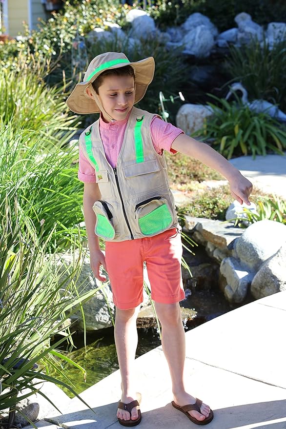 Youth M/L Combination Set Boys and Girls: 1 Tan Cargo Vest for Kids with Reflective Safety Straps & Sun Hat with Chin Strap. Color: Youth M/L Tan