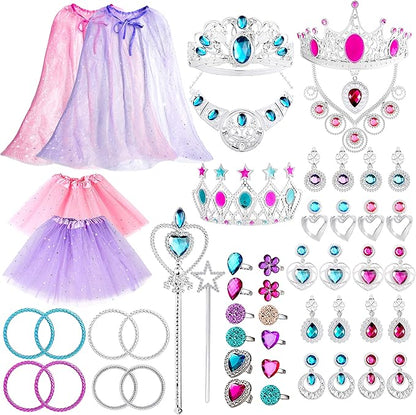 WATINC 52Pcs Princess Jewelry Toy Pretend Play Capes Cloaks Ballet Tutu Skirts for Little Girls Crowns Necklaces Jewel Rings Earrings Bracelets Wands Cape Shawl Costume Dress Up Accessories for Kids