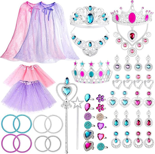WATINC 52Pcs Princess Jewelry Toy Pretend Play Capes Cloaks Ballet Tutu Skirts for Little Girls Crowns Necklaces Jewel Rings Earrings Bracelets Wands Cape Shawl Costume Dress Up Accessories for Kids
