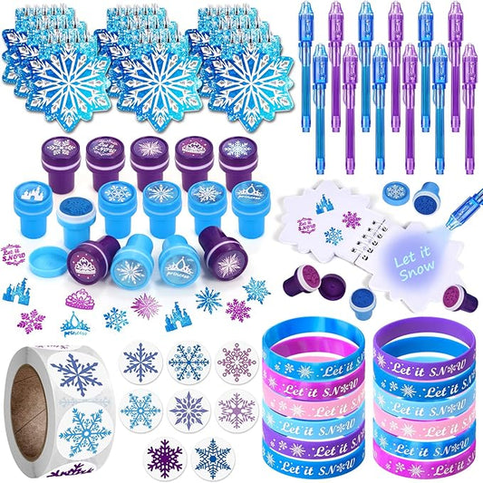 Winrayk Frozen Party Favors Birthday Supplies for Girls Kids, Invisible Ink Pen Snowflake Notebook Silicone Bracelet Stamper Sticker, Goodie Bag Stuffer Pinata Elsa Winter Party Favors Decor Serves 12