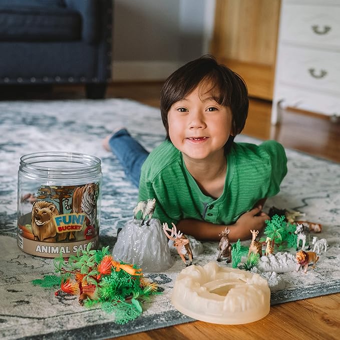 Sunny Days Entertainment Wild Animal Adventure Safari Bucket – 57 Piece Toy Play Set for Kids | Plastic Jungle Figures Playset with Storage Container