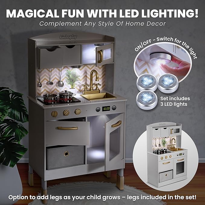 Wooden Play Kitchen for Toddlers - Kids Kitchen Playset with Accessories - Toy Kitchen Set for Kids, Kitchen Set for Toddlers 3-5 with Real Lights & Sounds, Toddler Kitchen Playset, GS0059-1