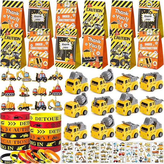 Winrayk Construction Party Favors Construction Birthday Party Supplies, Construction Truck Toy Gift Bag Bracelet Keychain Tattoo Sticker, Kids Construction Games Prize Pinata Filler Goody Bag Stuffers