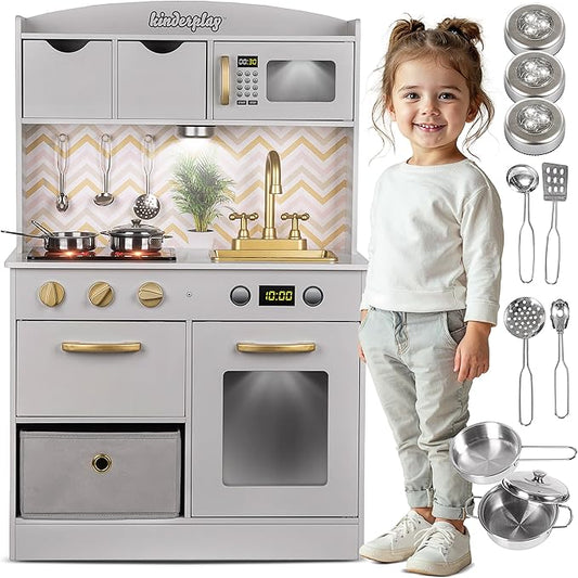 Wooden Play Kitchen for Toddlers - Kids Kitchen Playset with Accessories - Toy Kitchen Set for Kids, Kitchen Set for Toddlers 3-5 with Real Lights & Sounds, Toddler Kitchen Playset, GS0059-1