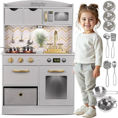 Wooden Play Kitchen for Toddlers - Kids Kitchen Playset with Accessories - Toy Kitchen Set for Kids, Kitchen Set for Toddlers 3-5 with Real Lights & Sounds, Toddler Kitchen Playset, GS0059-1