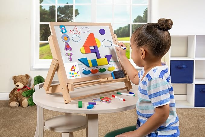 Wooden Double-Sided Tabletop Magnetic Dry Erase & Chalkboard Easel- 80 pc Activity Set for Kids Includes Magnet Letters, Shapes, Patterns, Chalk and 7 Dry Erase Markers- STEM Boys & Girls Play Center