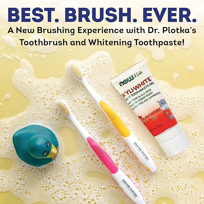MOUTHWATCHERS Soft Kids Toothbrushes, 2 Pack, Manual Flossing Toothbrush, Ultra Clean, Pink and Yellow Childrens Toothbrushes, by Dr. Plotka's