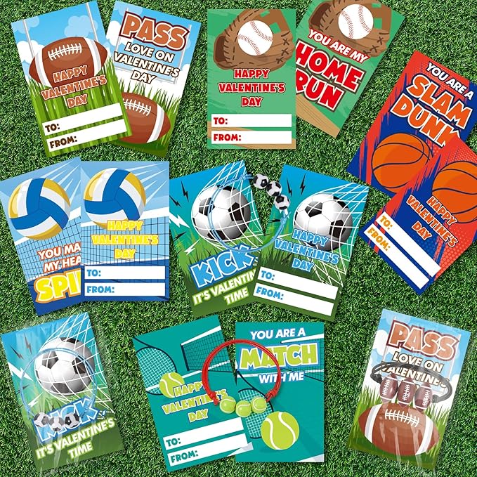 Valentines Day Cards for Kids, 24 Pack Adjustable Sports Charm Bracelets with Valentines Day Cards for Valentine School Party Favors for Kids Boys Girls, Kids Exchange Valentines Day Gifts