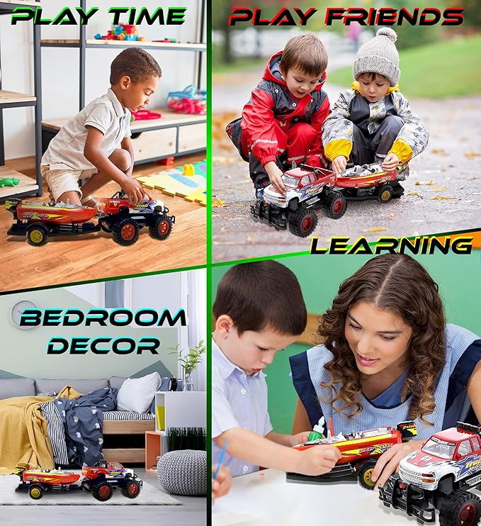 Mozlly Monster Truck Toys Set with Trailer Toy Boat - Friction Powered Hauling Truck and Trailer Toy, Big Toy Monster Truck with Boat 9 Inch