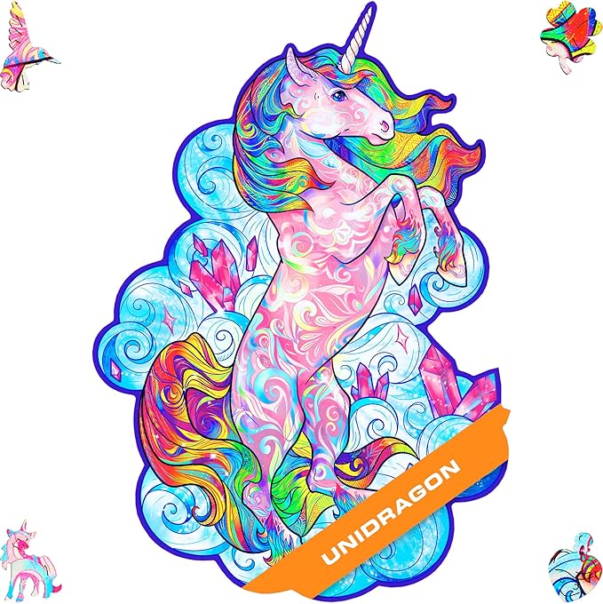 UNIDRAGON Wooden Jigsaw Puzzles - Inspiring Unicorn, 313 pcs, King Size 12.2"x16.1", Beautiful Gift Package, Unique Shape Best Gift for Adults and Kids