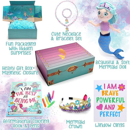 The Memory Building Company Kids Toys - Large Mermaid Surprise Box w/Mermaid Plush, Coloring Book and Markers, Jewelry and Crown Headband - Easter Basket Stuffers Birthday Gift for Girls Age 6 & Up