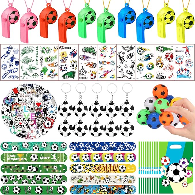 YUJUN 112 PCS Soccer Party Favors Set , Soccer Toy Soccer Fidget Spinners Slap Bracelet Whistle Tattoos Stickers Keychains for Kids Soccer Themed Birthday Party Favors Goodie Present Bags Decorations