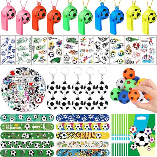 YUJUN 112 PCS Soccer Party Favors Set , Soccer Toy Soccer Fidget Spinners Slap Bracelet Whistle Tattoos Stickers Keychains for Kids Soccer Themed Birthday Party Favors Goodie Present Bags Decorations
