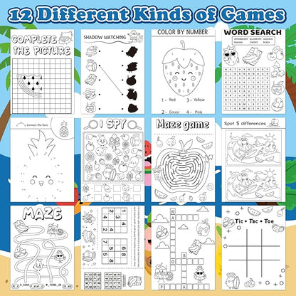 Summer Activity Books for Kids - 24Pcs Coloring Fruits Books Set Bulk Summer Tropical Search Mazes Word Scramble Games Mini Books for Party Goodie Bags Stuffers School Classroom Favors