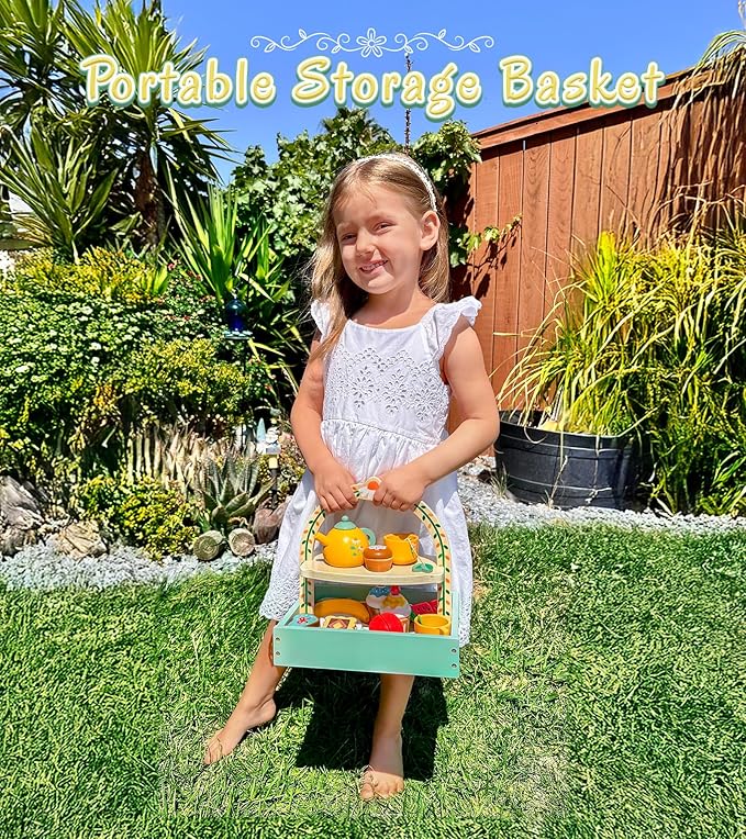 Wooden Tea Set for Toddlers Girls, Tea Party Set with Storage Cupcake Stand Extra Cutting Fruit Kids Tea Set for 3 4 5 6 Years Little Girls, Jeowoqao Portable Princess Tea Party Toys Gifts