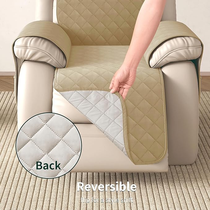 CHUN YI Recliner Chair Cover, Non-Slip Recliner Covers That Stay in Place, Washable Lazy Boy Recliner Covers with Pockets, Water Resistant Recliner Slipcover for Pets (Khaki, Large Recliner)