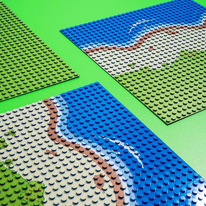 Apostrophe Games Island Building Block Base Plates Compatible with All Major Brands - 3 Pack Beach - 2 Straight & 1 Center Grass add-on to Expand Your Island - 10-1/16" x 10-1/16"Inches