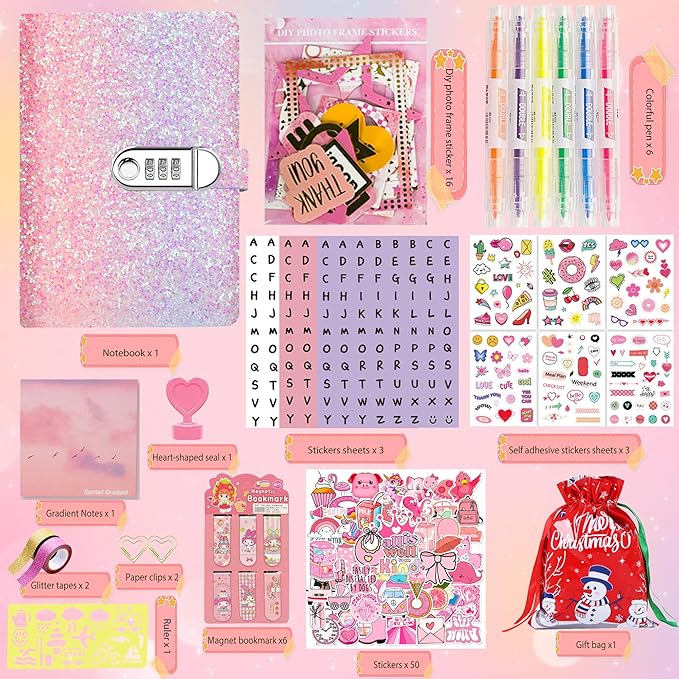 Christmas Gifts for Girls,Diary with Lock for Girls, Kids Journal School for Teen Girls, Secret Diary Gifts for 9 10 11 12 Year Old Girls, Kids Journals Set for Ages 8-12 Teenage