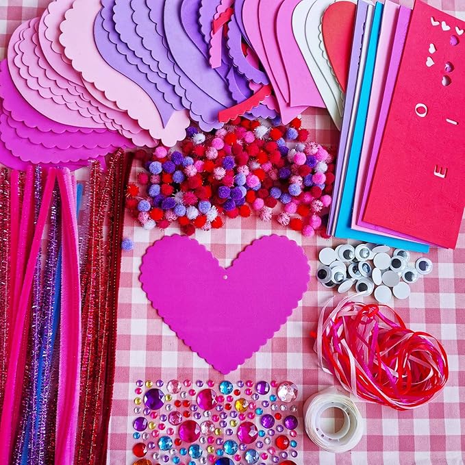 Winlyn 24 Sets Valentine's Day Heart Ornaments Decorations DIY Foam Heart Valentine Craft Kits Assorted Foam Heart Shapes Stickers Pom-poms Googly Eyes for Kids Classroom Art Activity Gift Exchange