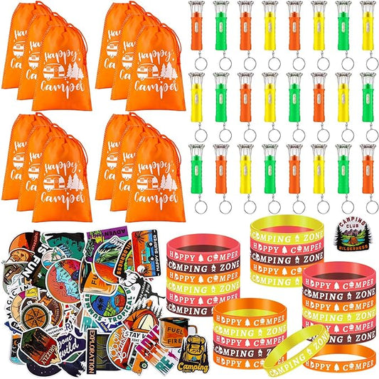 Camping Party Favors Camp Party Gifts Include Camping Themed Silicone Bracelet Mini Flashlight Keychain Assorted Camping Sticker and Gifts Drawstring Bags Camping Party Supplies for Kids (110 Pieces)