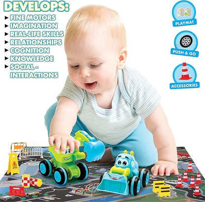 Toys for 3 Year Old Boy - 4 Friction Powered Trucks for 3+ Year Old Boys, Playmat & 16 Accessories