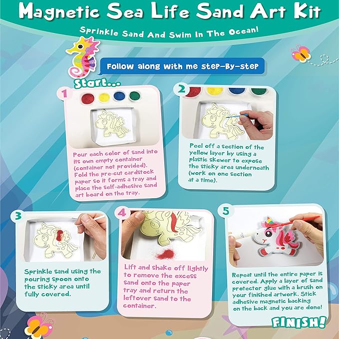 VHALE Peel and Stick Magnetic Sand Art Board, 5 MDF Sand Art Sets with Non Scratch Magnets, Peel, Sprinkle and Stick Designs, 12 Sand Colors, Fridge Decor, Kids Party Favors (Sea Life)