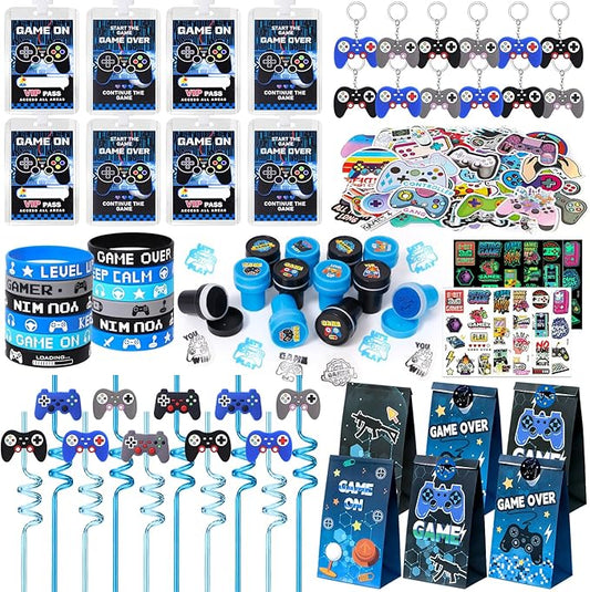 Winrayk 136Pcs Kids Video Game Party Favors Gamer Birthday Supplies, Straw VIP Pass Bag Bracelet Stamper Glow Sticker Keychain, Pinata Filler Goody Stuffer Girl Boy Game On Gaming Party Favors Decor