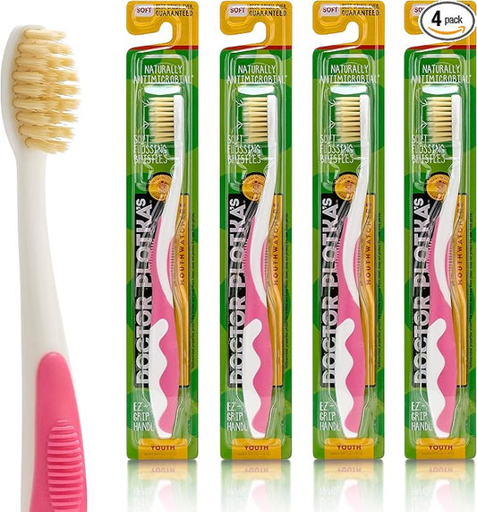 MOUTHWATCHERS Soft Kids Toothbrushes, 4 Pack, Manual Flossing Toothbrush, Ultra Clean, Pink Childrens Toothbrushes, by Dr. Plotka's