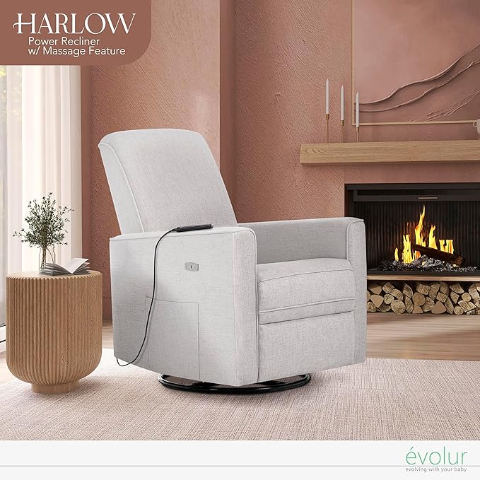 Evolur Harlow Deluxe Upholstered Plush Seating Glide Rocker, Swivel, Power Recliner USB Port with in-Built Massager, Greenguard Gold Certified, Glider Chair for Nursery in Fog Grey