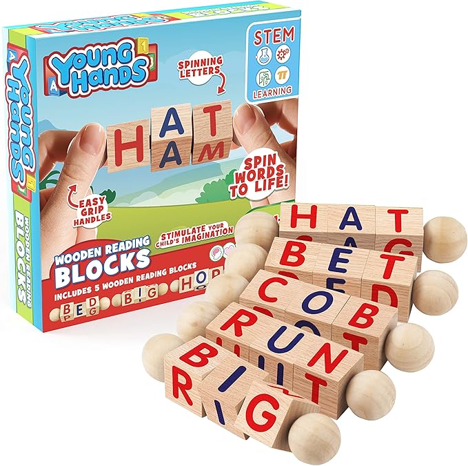 Creative Kids Wooden Reading Blocks - Set of 5 Spinning Alphabet Blocks w/Easy-Grip Handles - Kindergarten Preschool Learning Activities Letter Work - Wooden Montessori Toys Gifts for Kids Toddlers