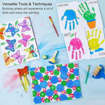 Washable Finger Paint Set, Shuttle Art 46 Pack Kids Paint Set with 14 Colors(60ml) Finger Paints, Brushes, Finger Paint Pad, Sponge, Palette, Smock, NonToxic for Toddlers Home Activity Early Education