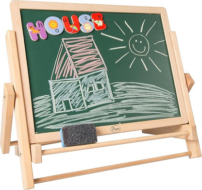 Wooden Double-Sided Tabletop Magnetic Dry Erase & Chalkboard Easel- 80 pc Activity Set for Kids Includes Magnet Letters, Shapes, Patterns, Chalk and 7 Dry Erase Markers- STEM Boys & Girls Play Center