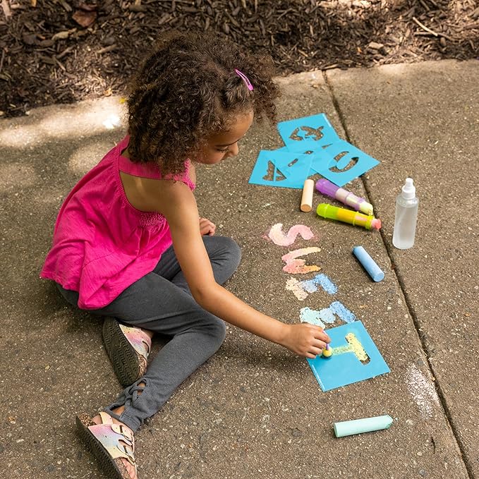 Sunny Days Entertainment, LLC. Creative Chalk Activity Set includes 35 Stencils, 10 Colors, 2 Blending Sponges, 2 Chalk Holders, 1 Spray Bottle | Activity and Games Kids Ages 3+