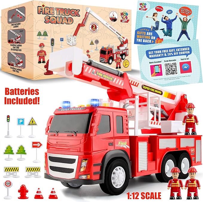 Fire Truck Playset - 1:12 Scale Large Size Toys 3 Firemen, 3 Year 3 4 5