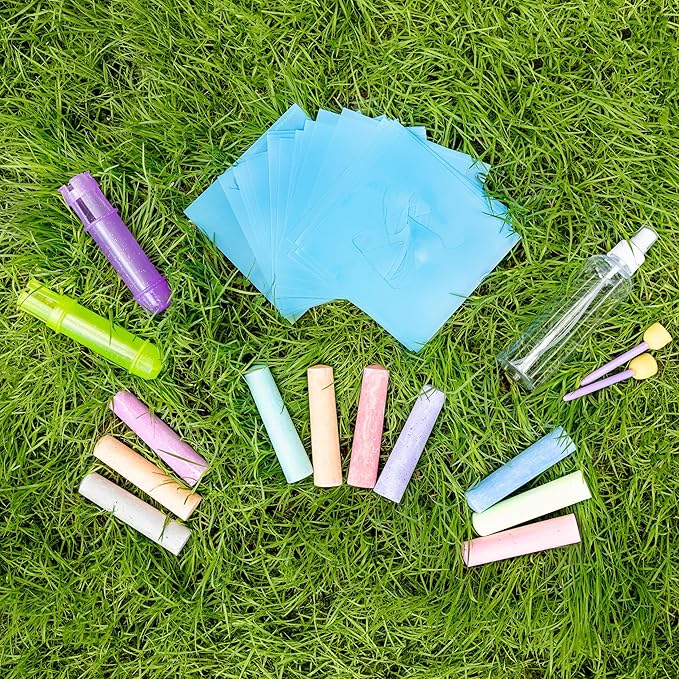 Sunny Days Entertainment, LLC. Creative Chalk Activity Set includes 35 Stencils, 10 Colors, 2 Blending Sponges, 2 Chalk Holders, 1 Spray Bottle | Activity and Games Kids Ages 3+