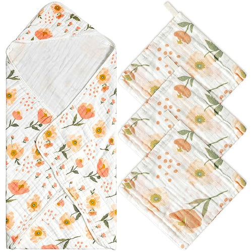 Zainpe 4Pcs Muslin Baby Hooded Towel & Washcloth Set Flowers 31.5 X 31.5 in